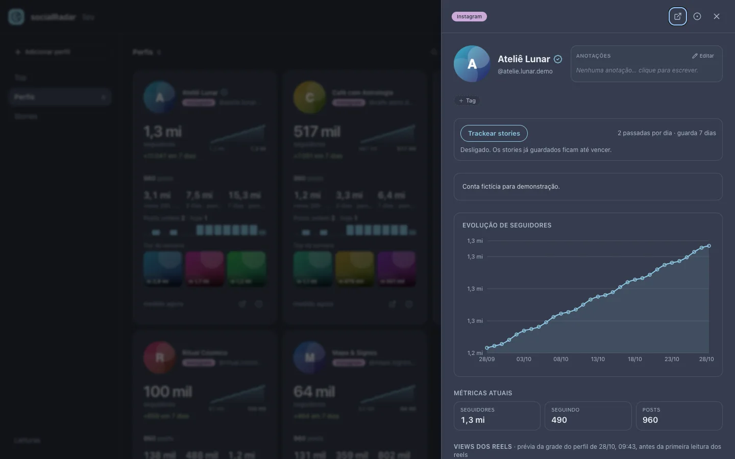 A profile sheet open over the grid, with the followers chart