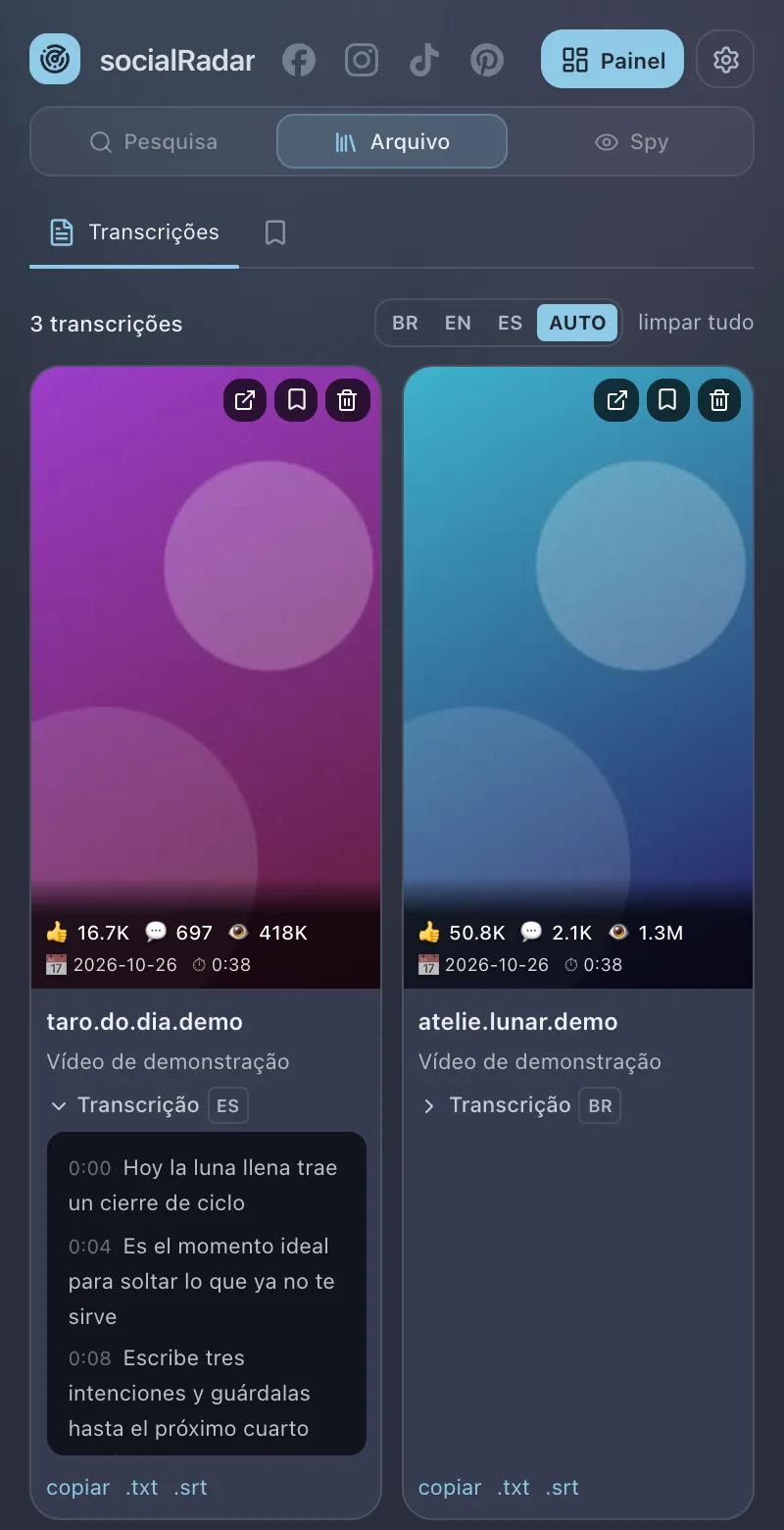Arquivo › Transcrições with three transcribed videos and the language picker