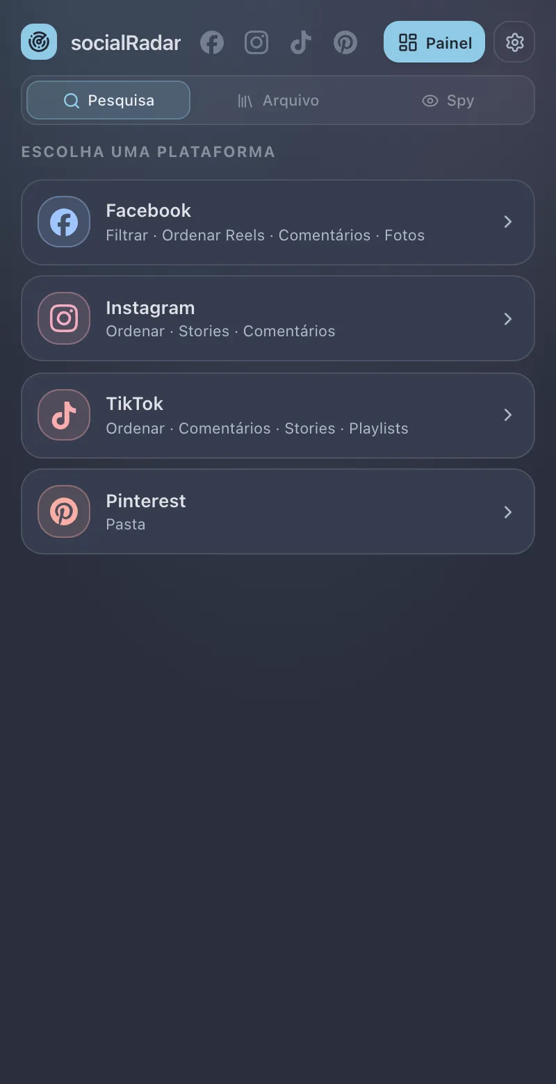 The side panel open on the Pesquisa tab, with the list of platforms