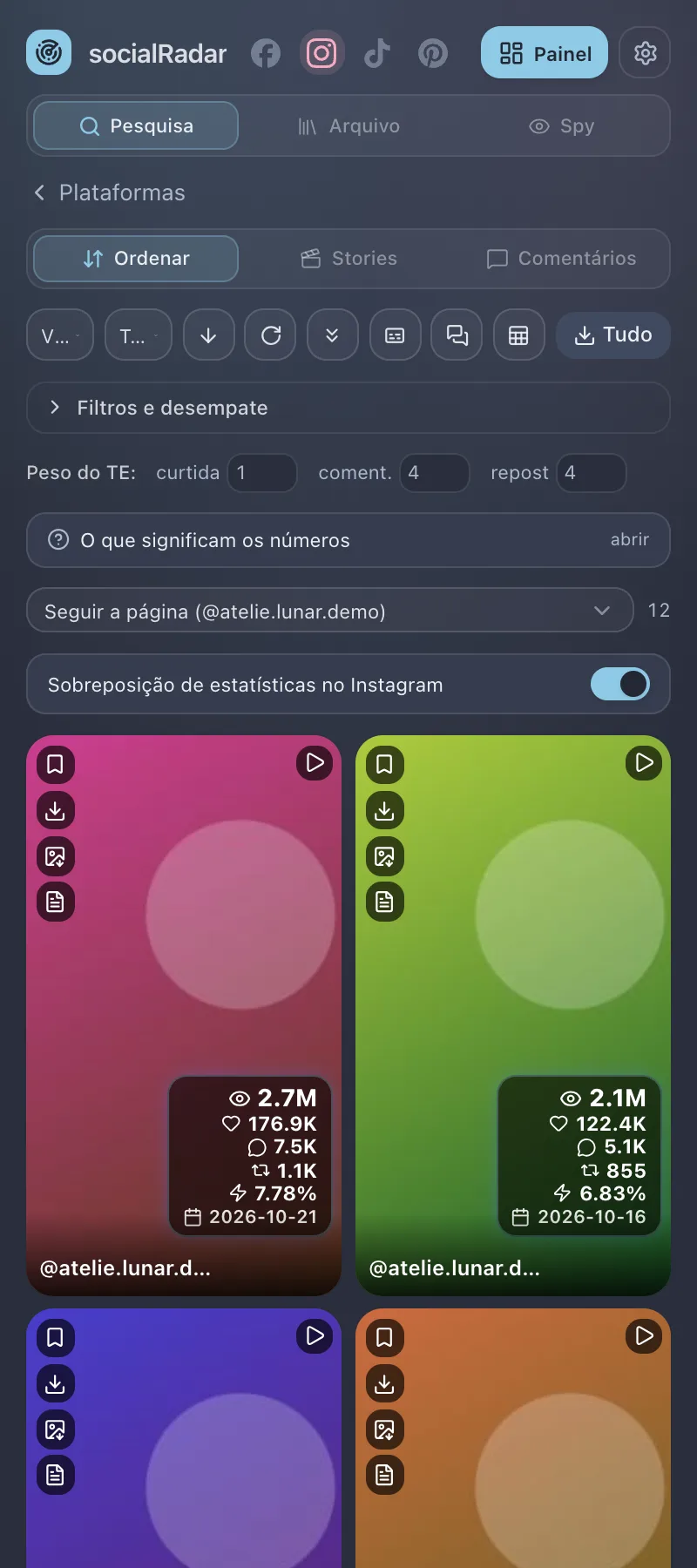Sorting on Instagram: the toolbar and the grid of posts sorted by views